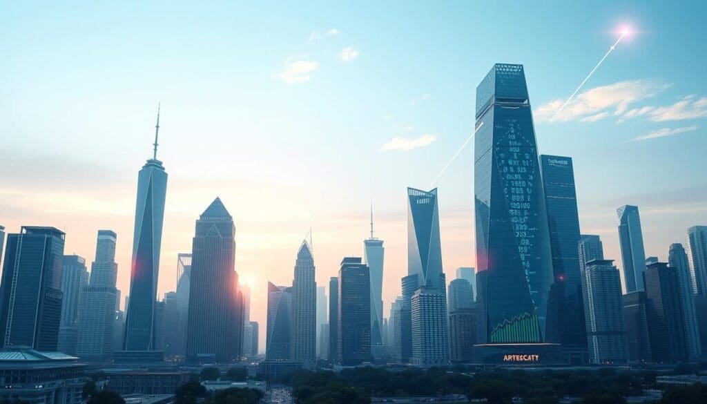 modern city skyline with skyscrapers and digital data overlay