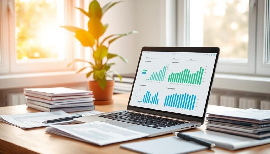 laptop displaying graphs on desk with documents and plant