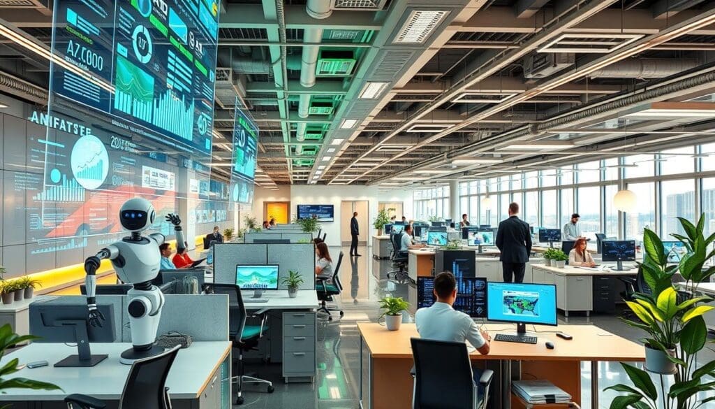modern office with robot and employees at desks