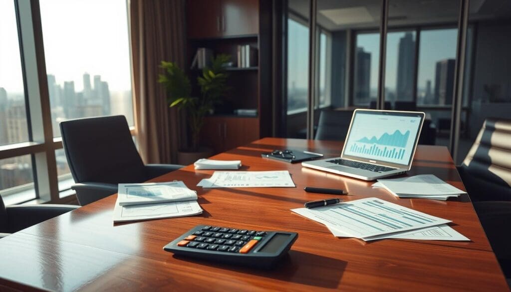office desk with laptop showing graphs, papers, and calculator