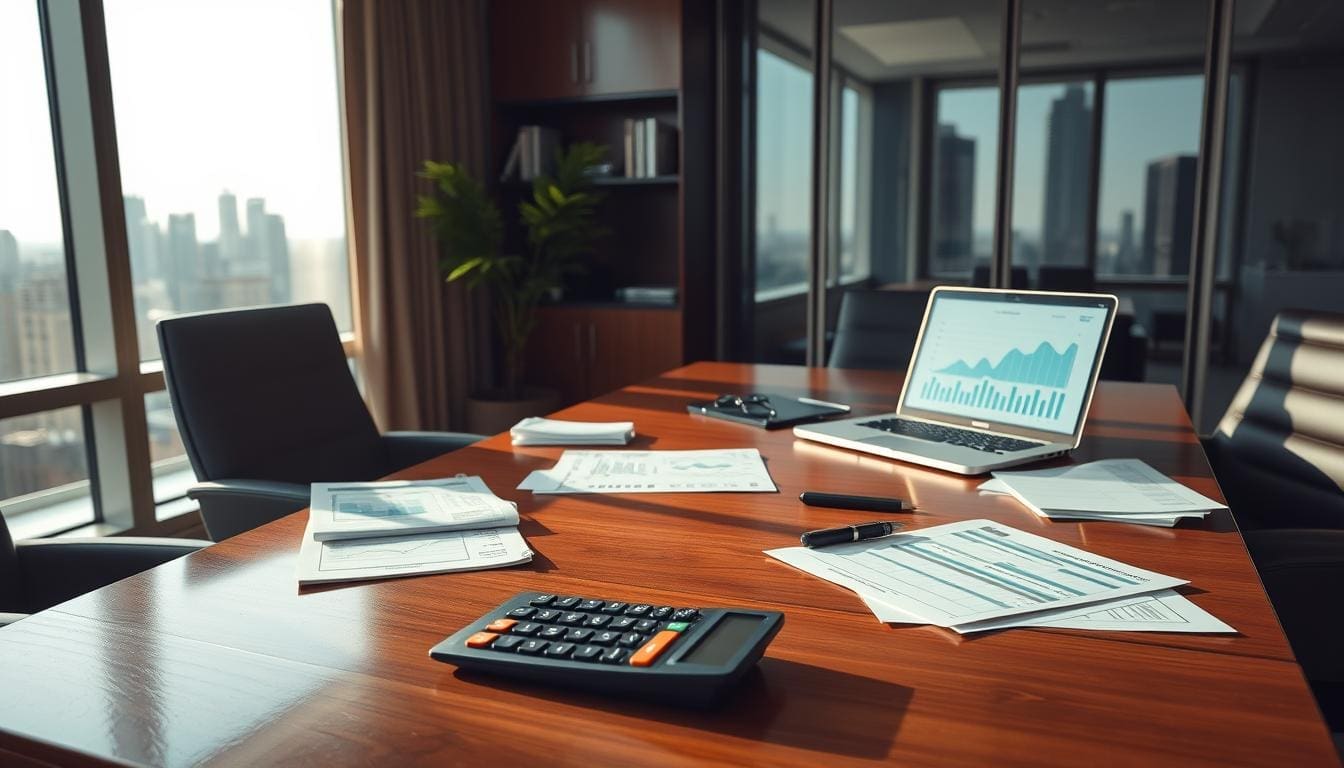 office desk with laptop showing graphs, papers, and calculator