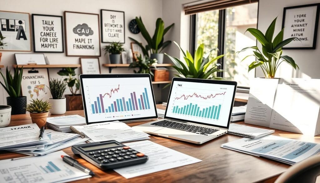 laptops with graphs on desk surrounded by plants and papers
