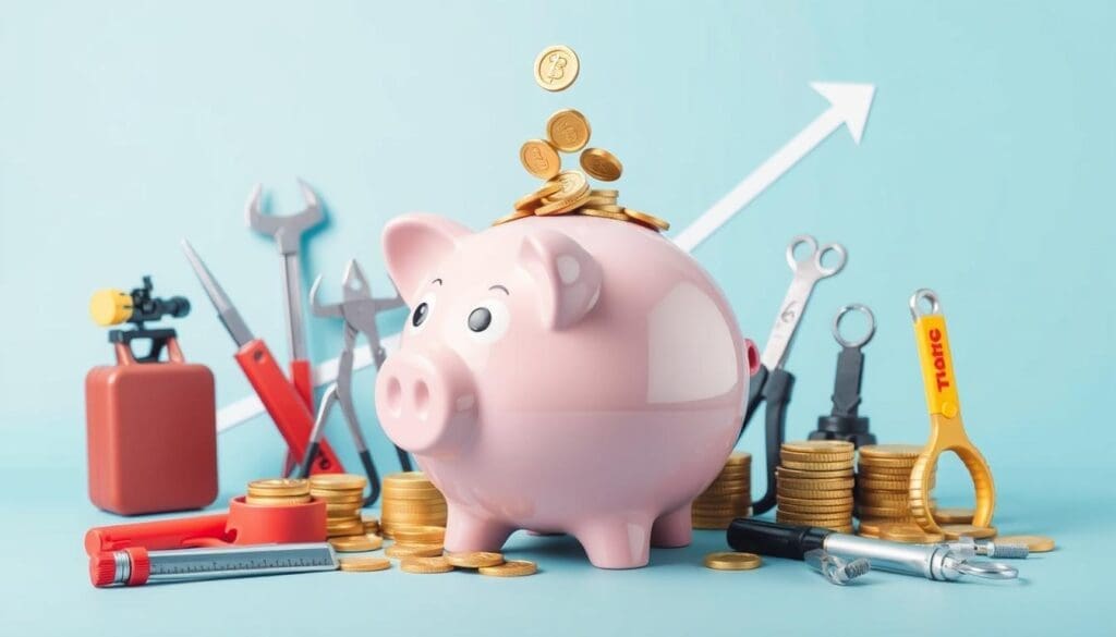 Piggy bank with coins and tools on blue background