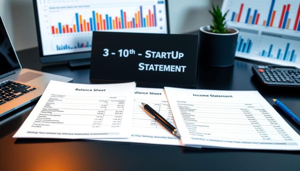 financial documents on desk with charts and laptop