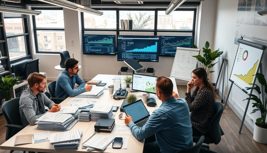 team analyzing financial data on screens in modern office
