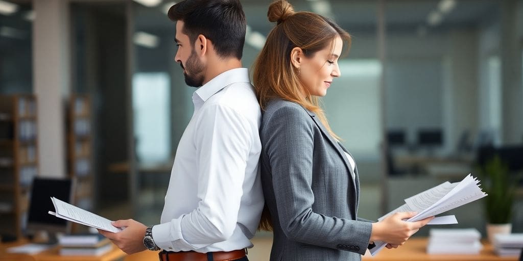 man and woman back to back reading documents in office