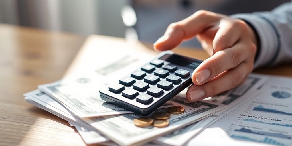 hand using calculator on financial documents with cash