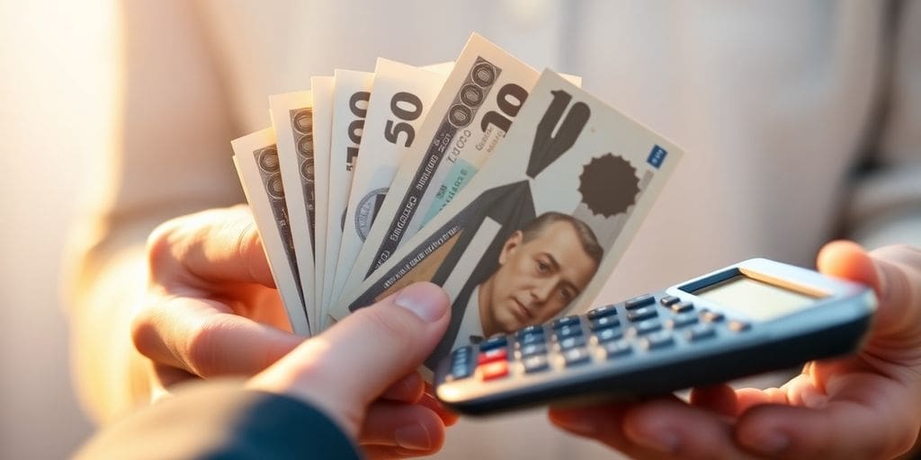 hands holding euro bills and calculator in sunlight