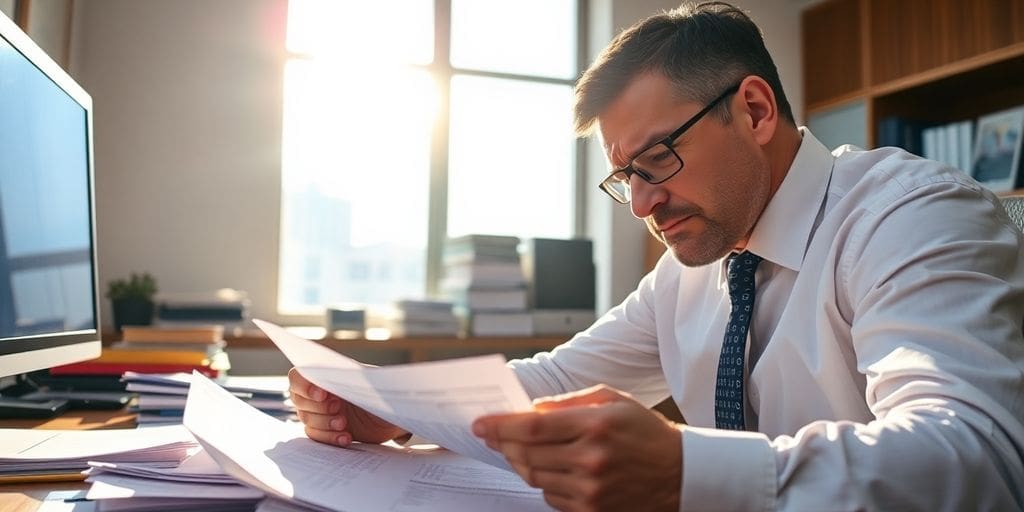 man in white shirt reviewing documents at desk in sunlight