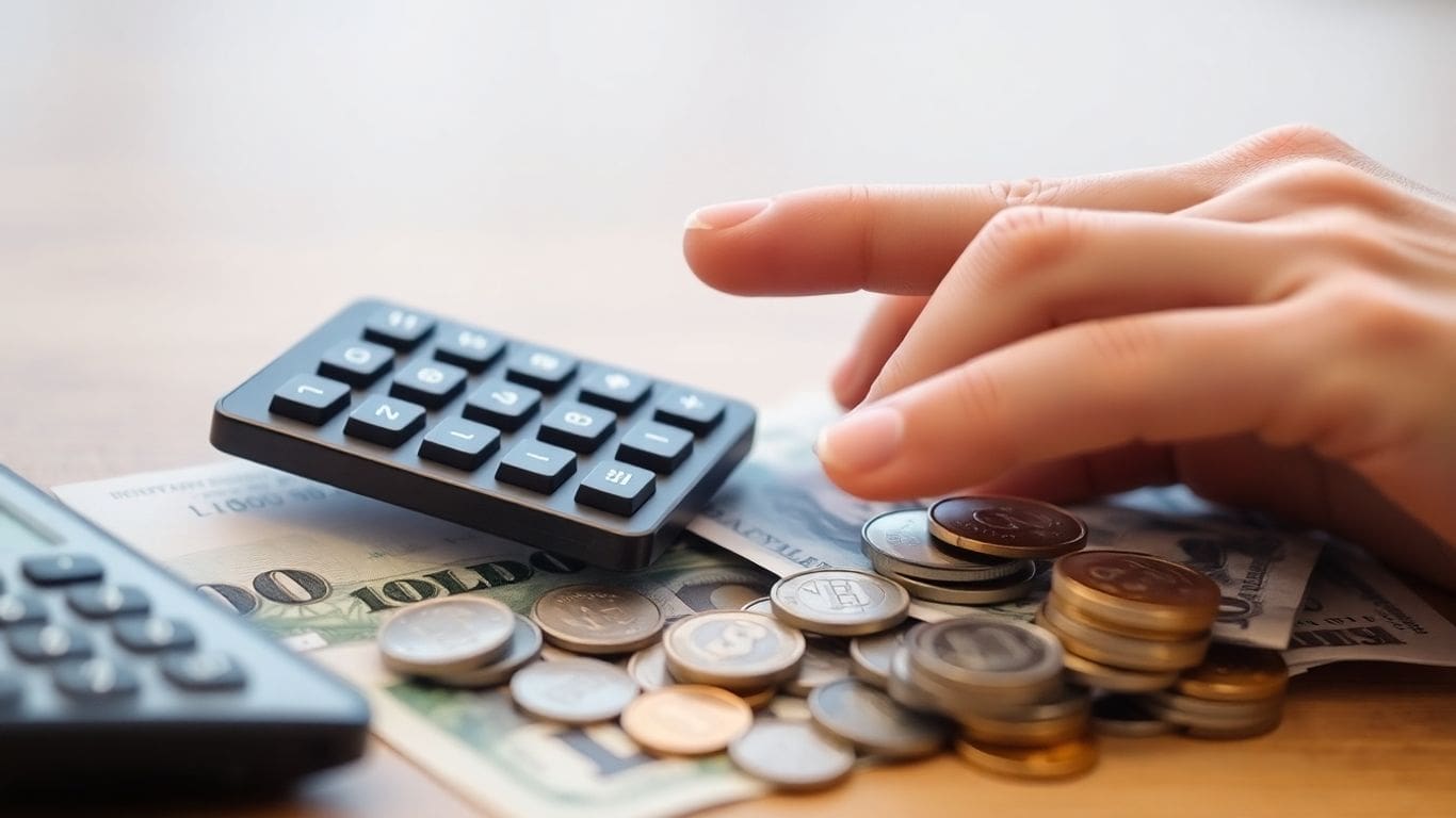 Hand using calculator with coins and dollar bills on table