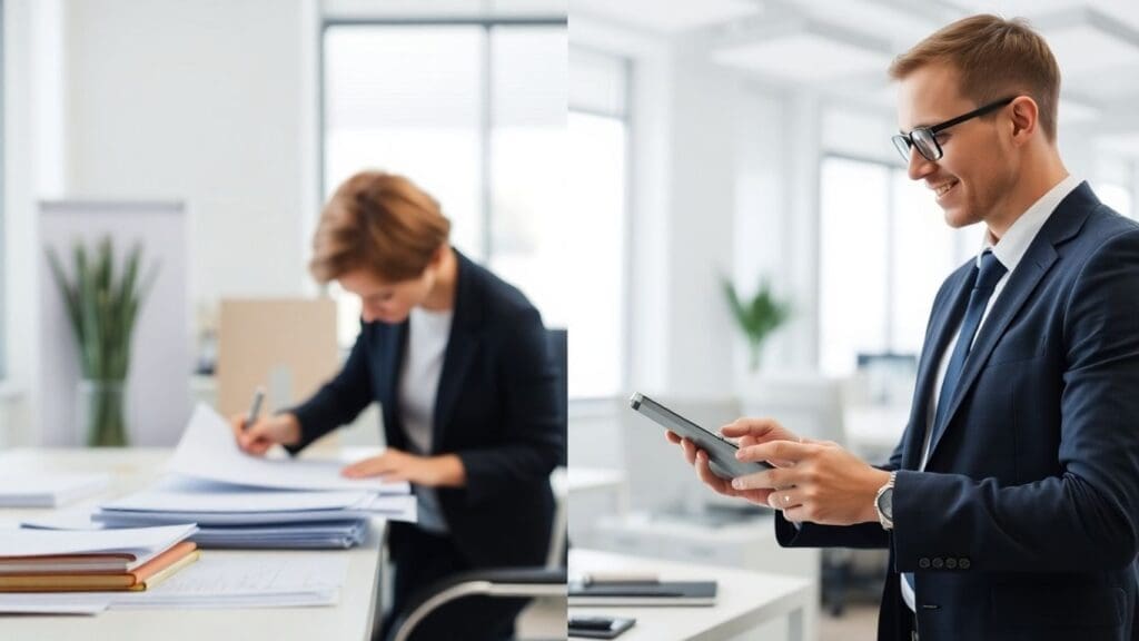 woman organizing papers and man using tablet in office