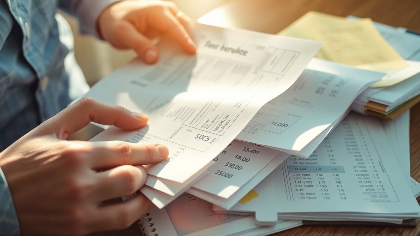Person sorting financial documents on wooden desk