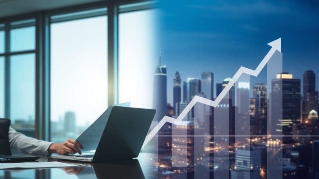 business person with laptop and rising graph over cityscape