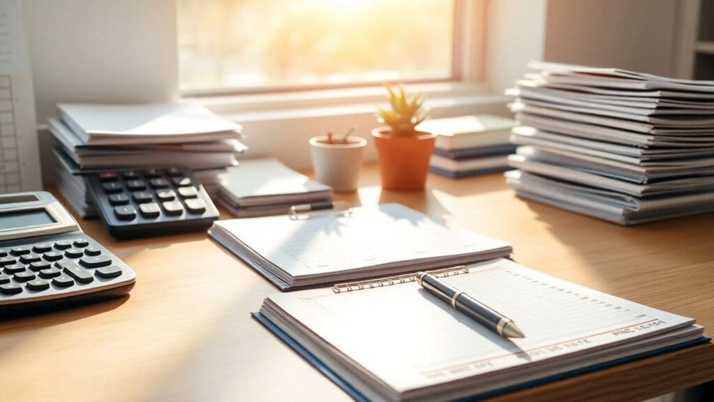 organized desk with calculators, documents, and potted plants