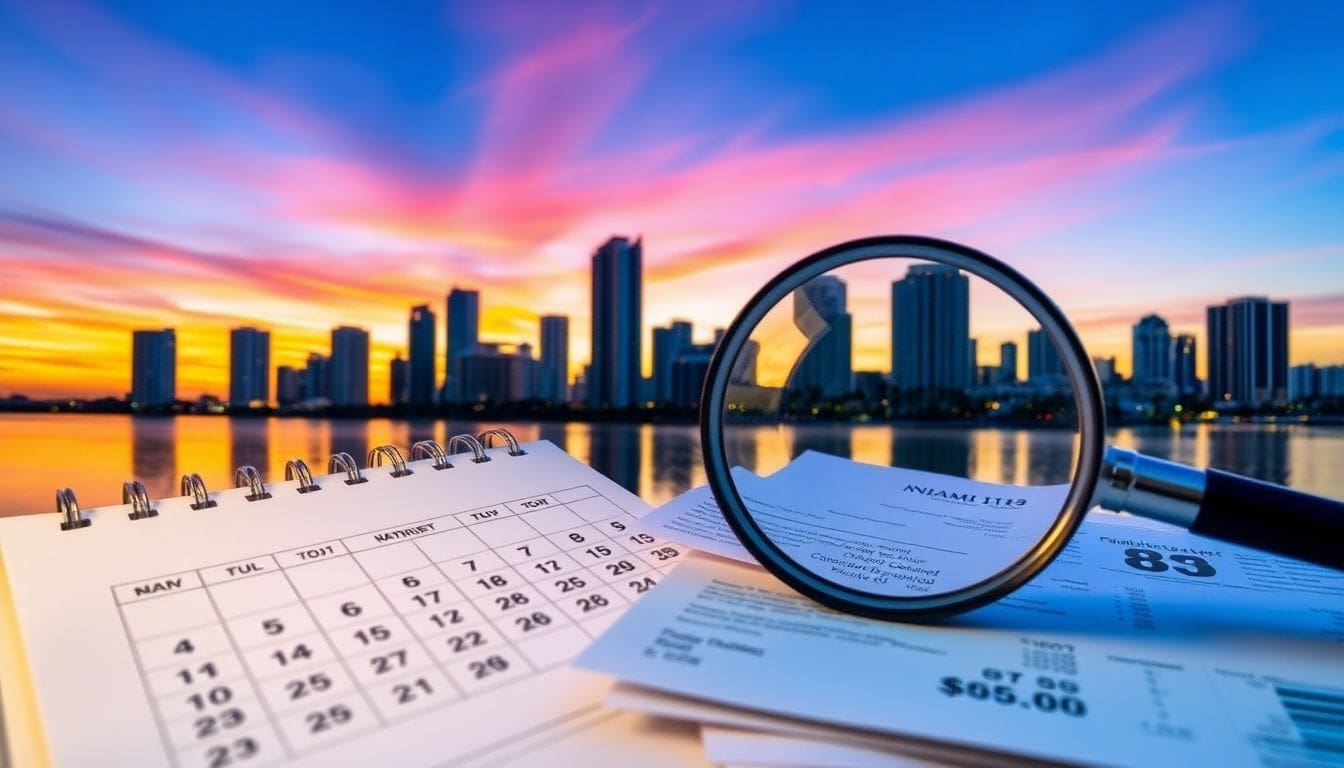 Calendar and documents with magnifying glass against Miami skyline at sunset