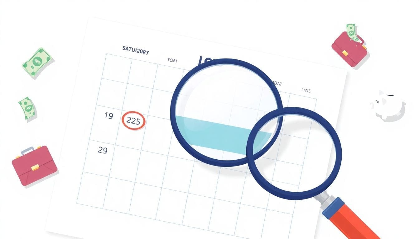 Magnifying glass over calendar with circled date and financial icons