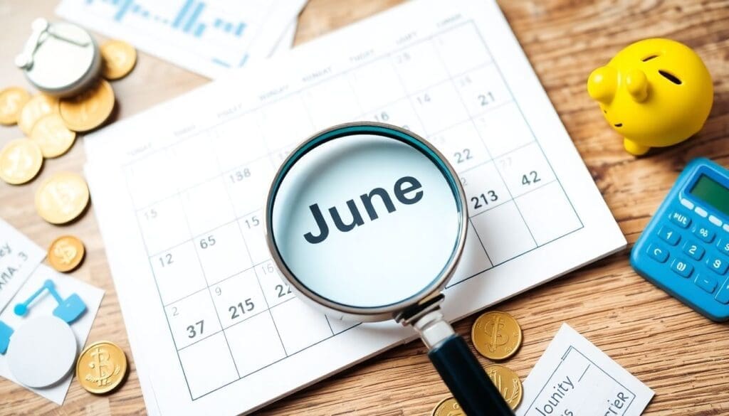Magnifying glass on June calendar with coins and calculator