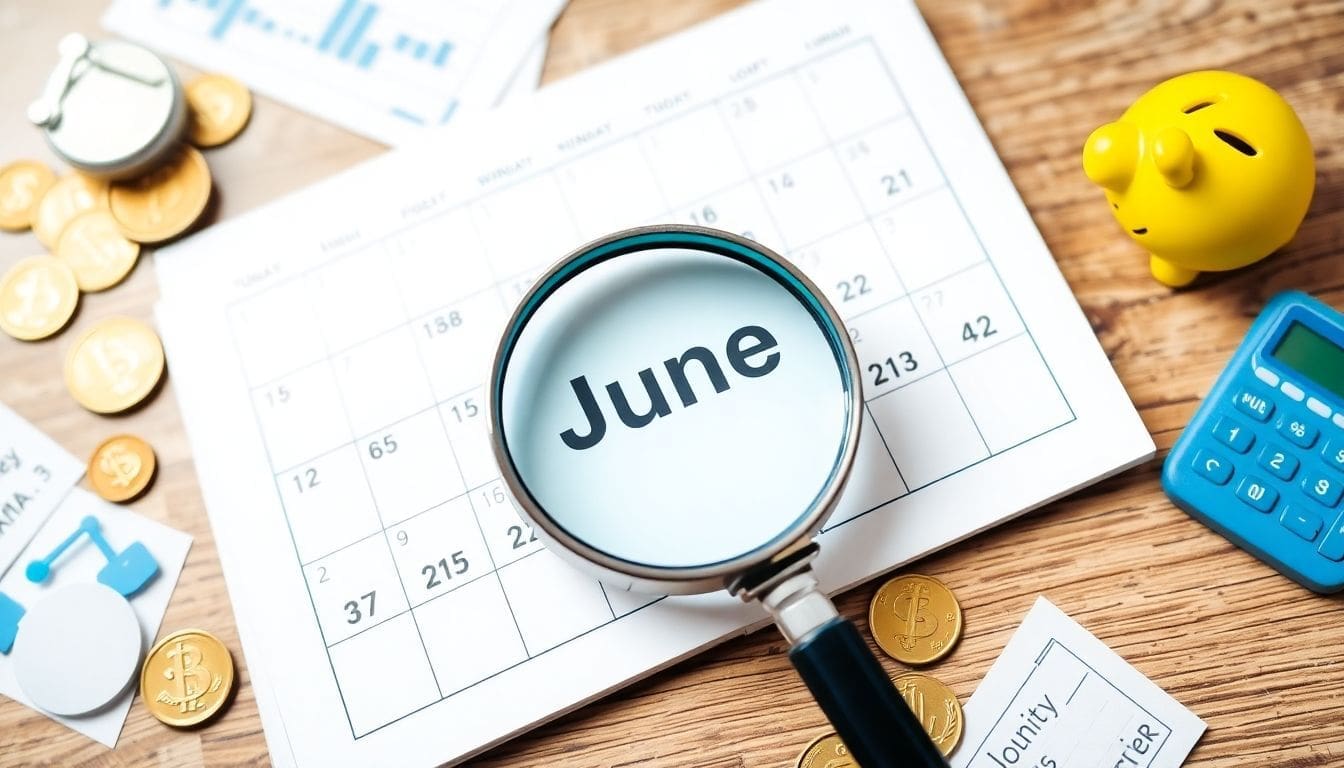 Magnifying glass on June calendar with coins and calculator