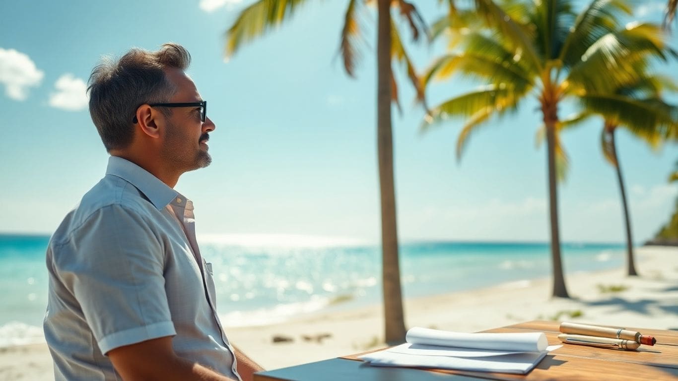 Man in sunglasses sitting at beachside table with papers