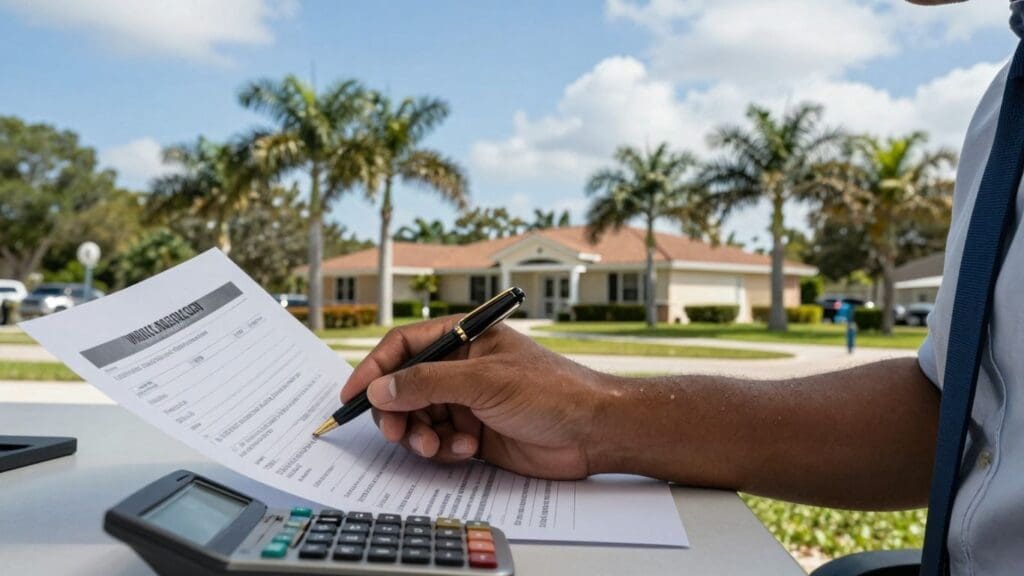 Person filling out form with calculator outside house