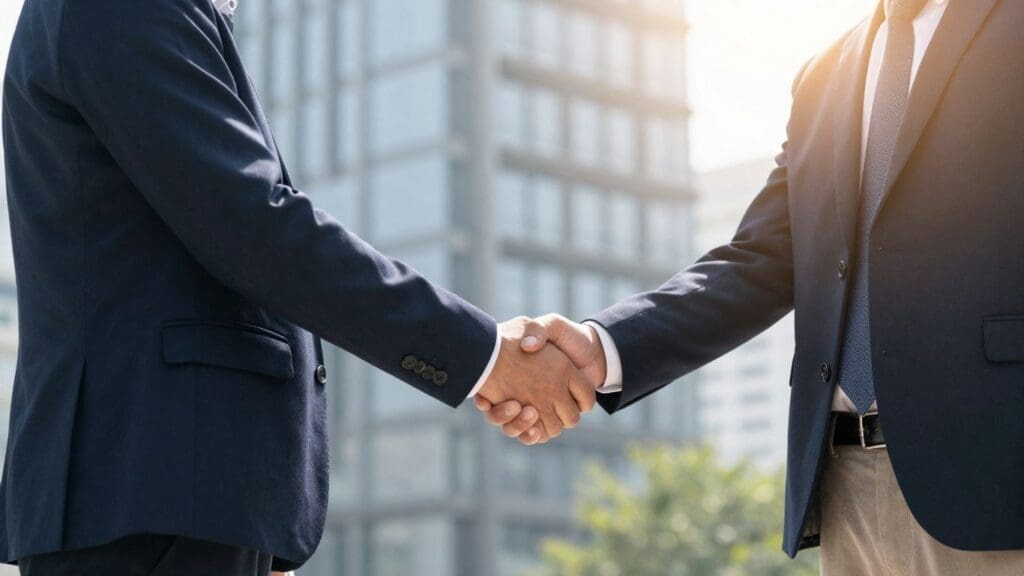 Two businessmen in suits shaking hands outdoors