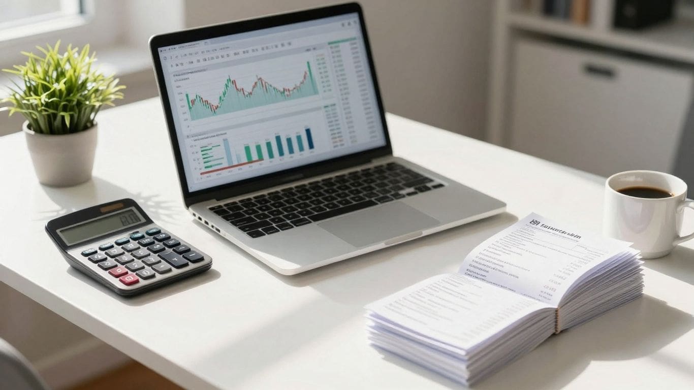 laptop with financial charts on desk with calculator and coffee