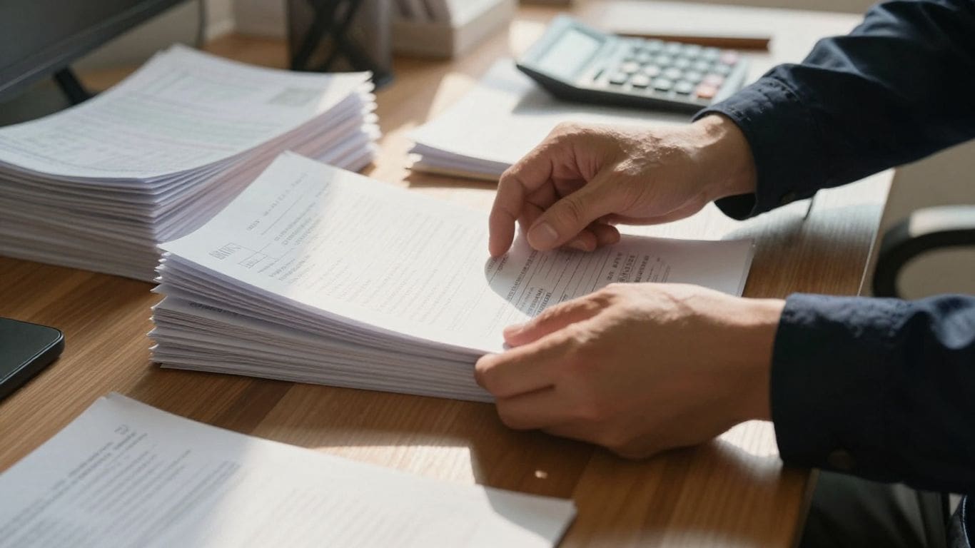 person organizing documents on wooden desk with calculator