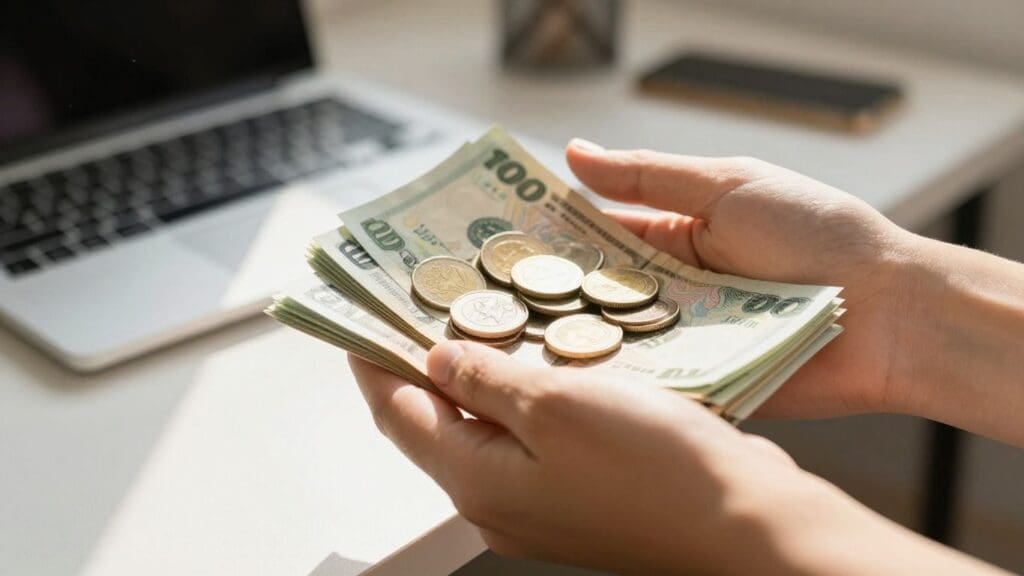 Hands holding cash and coins near laptop on desk