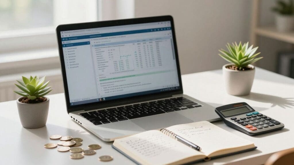 laptop with financial data, notebook, calculator, coins, and plants on desk