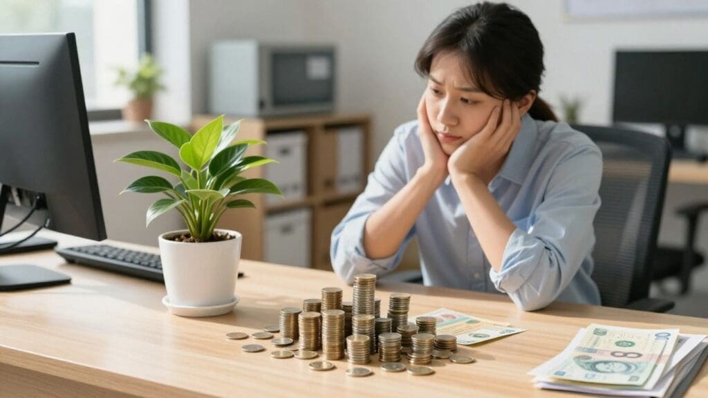 Woman at desk looking at stacks of coins and cash