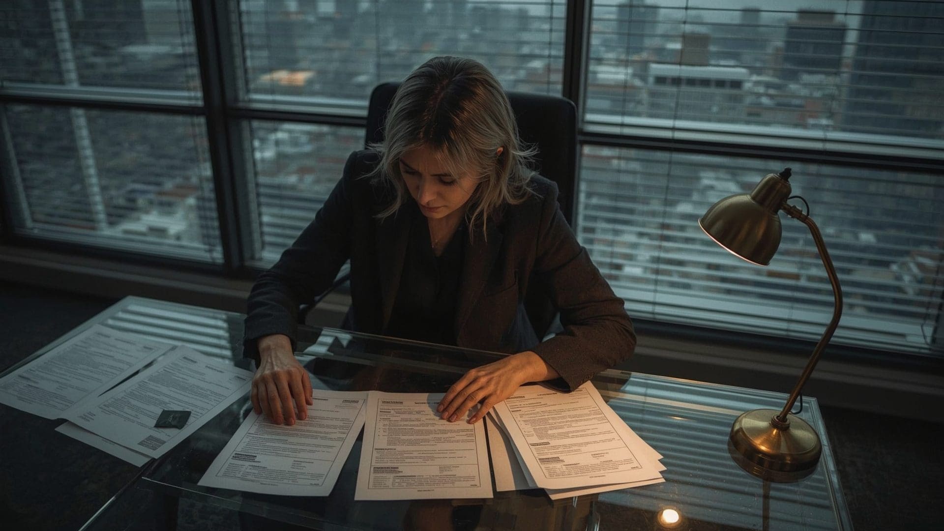 Business owner reviewing worker misclassification penalty documents at office desk