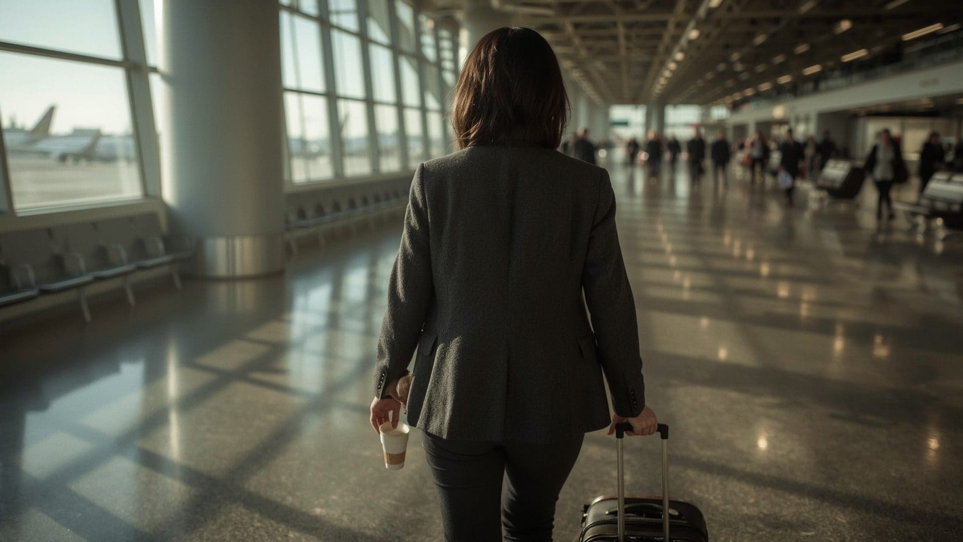 Business traveler in airport terminal with luggage for deductible work trip
