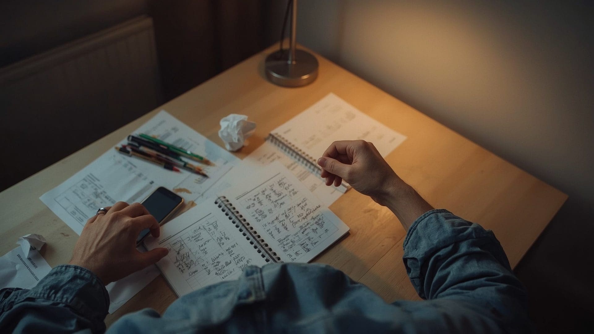 Frustrated person reviewing crossed-out tax calculations on cluttered desk