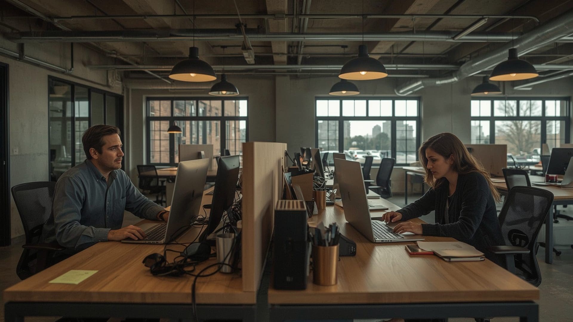 Independent contractor versus employee workspaces contrasted in open-plan office setting