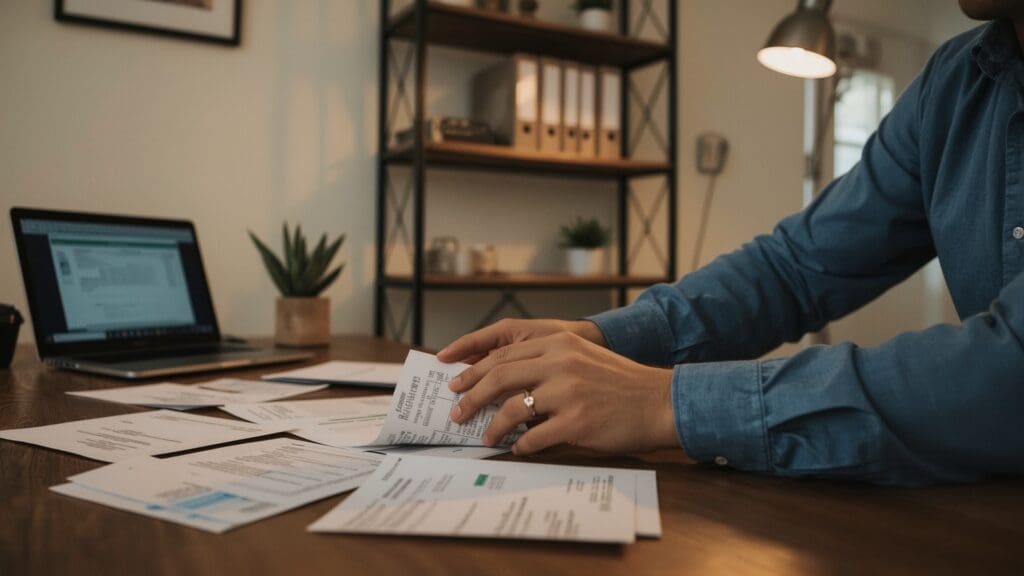 Person in blue shirt organizing papers on desk with laptop