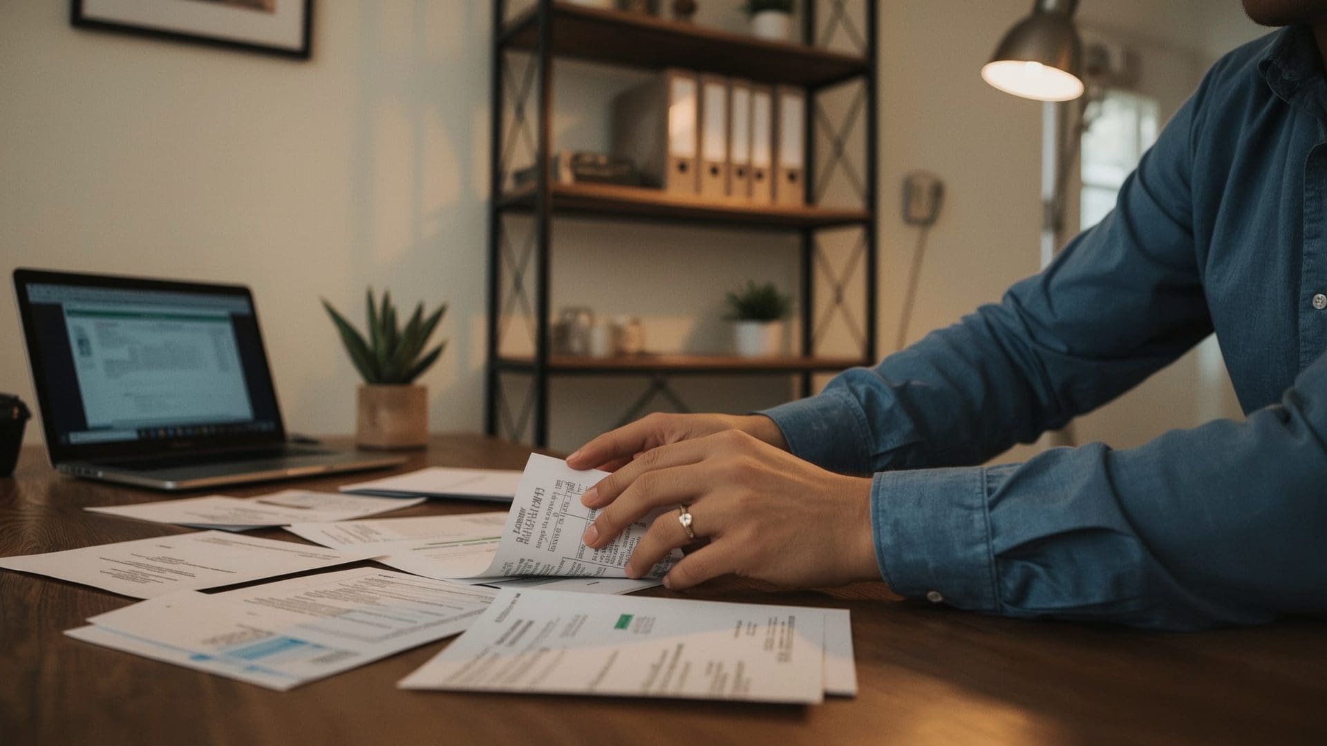 Person in blue shirt organizing papers on desk with laptop