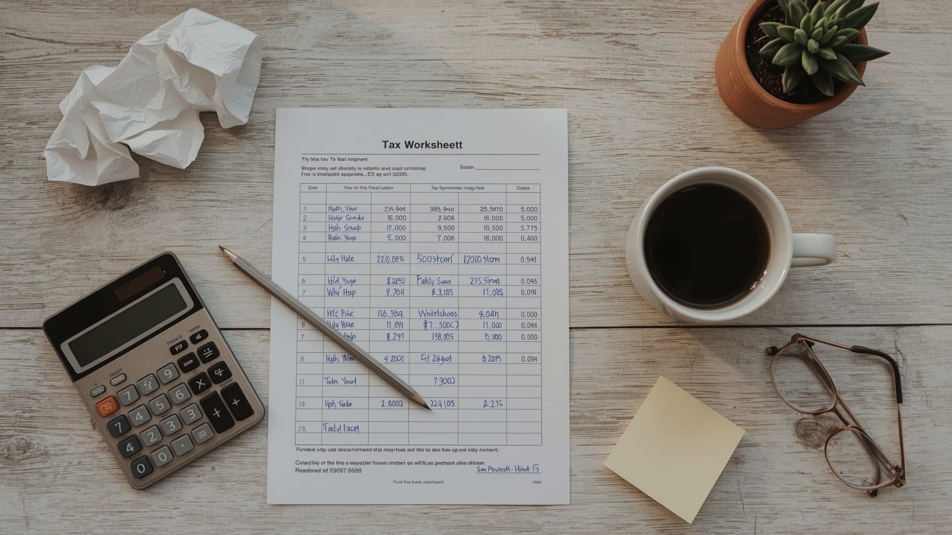 Overhead view of tax worksheet calculator and coffee on wooden desk