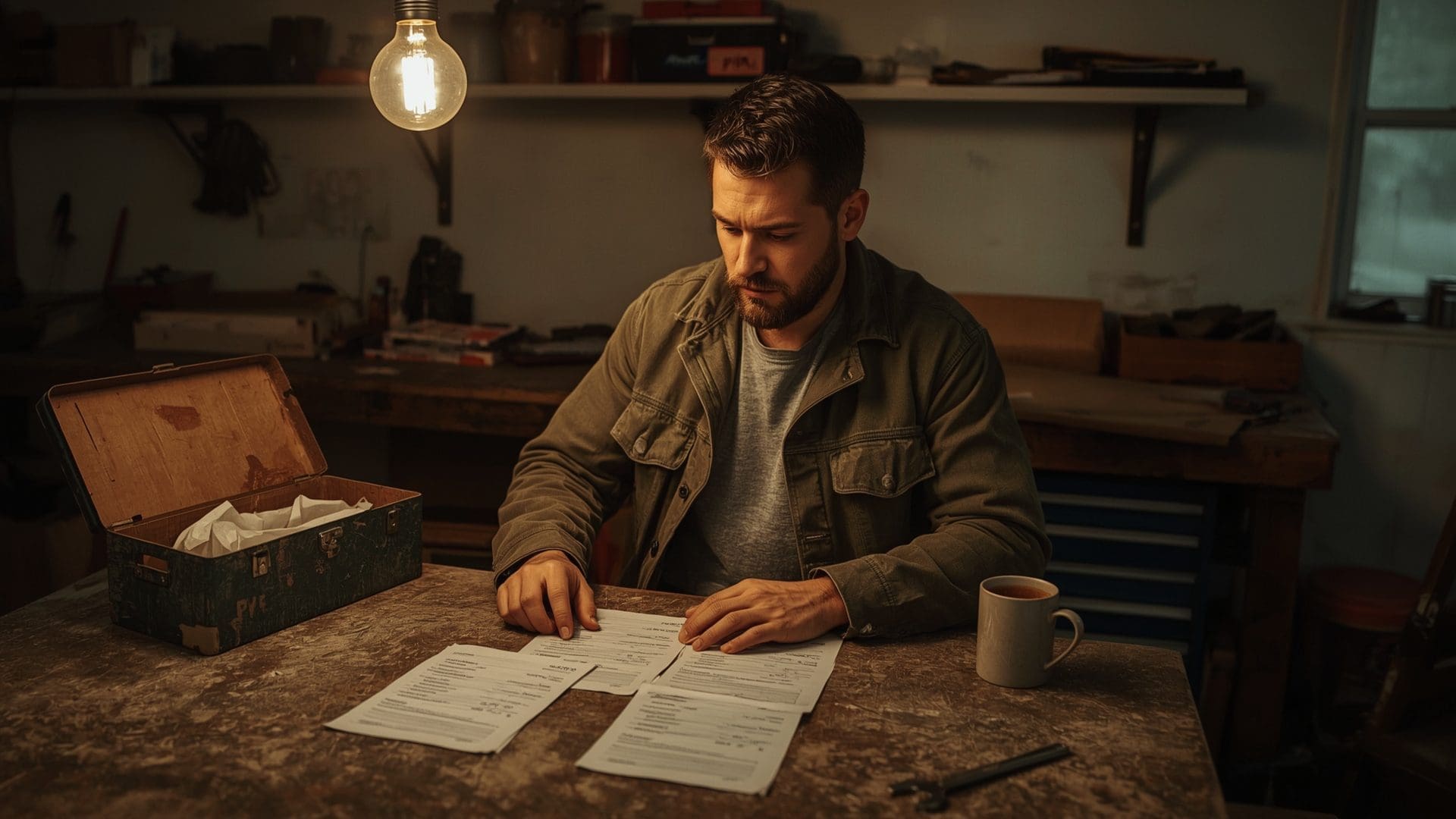 Self-employed contractor reviewing invoices and personal tools financial independence evidence