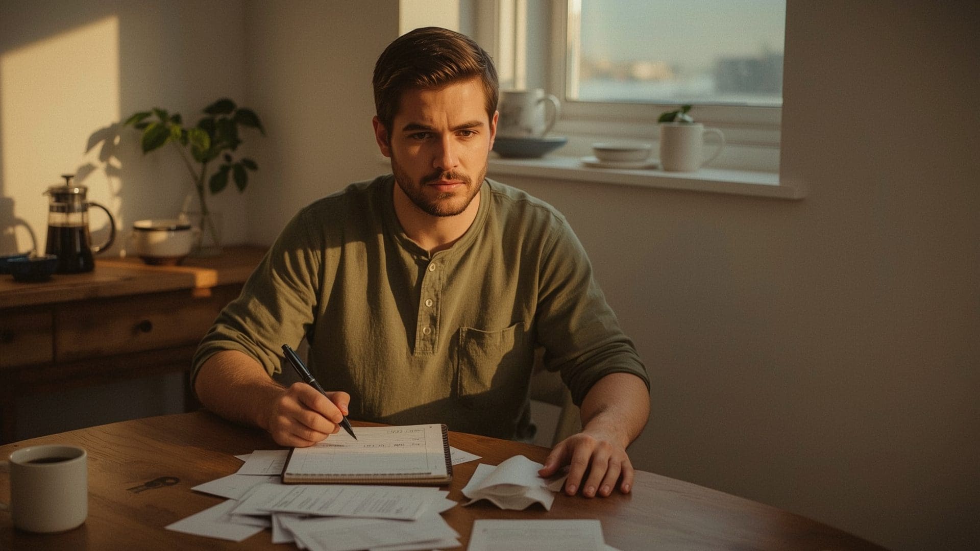 Self-employed man calculating estimated taxes with receipts at kitchen table