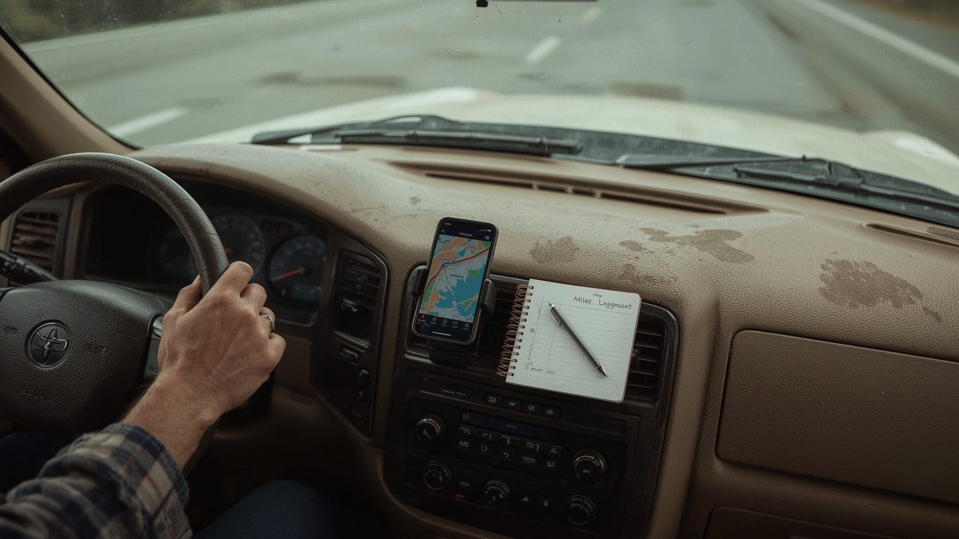 Small business owner tracking vehicle mileage log for IRS tax deduction