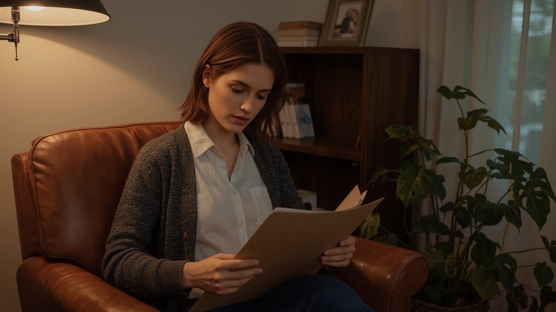 Woman reviewing tax documents in cozy home office with warm lighting