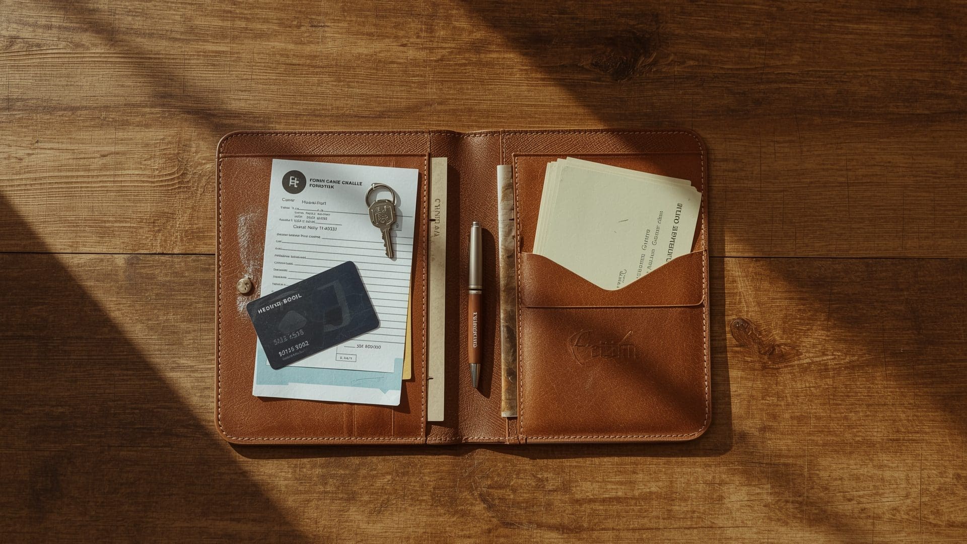 Personal and business financial documents visually separated on a wooden desk
