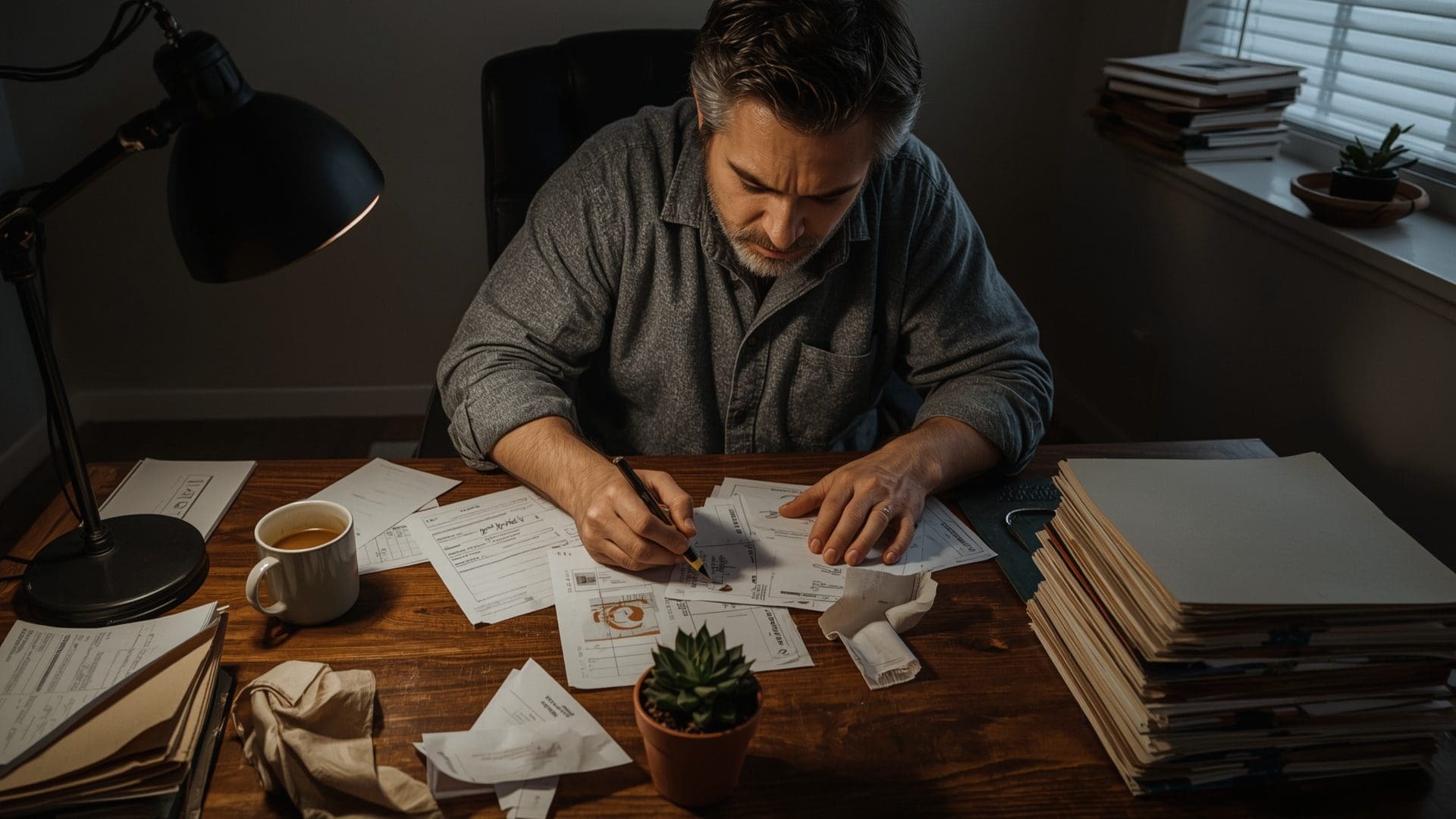 Small business owner reviewing deduction receipts and mileage logs at cluttered desk