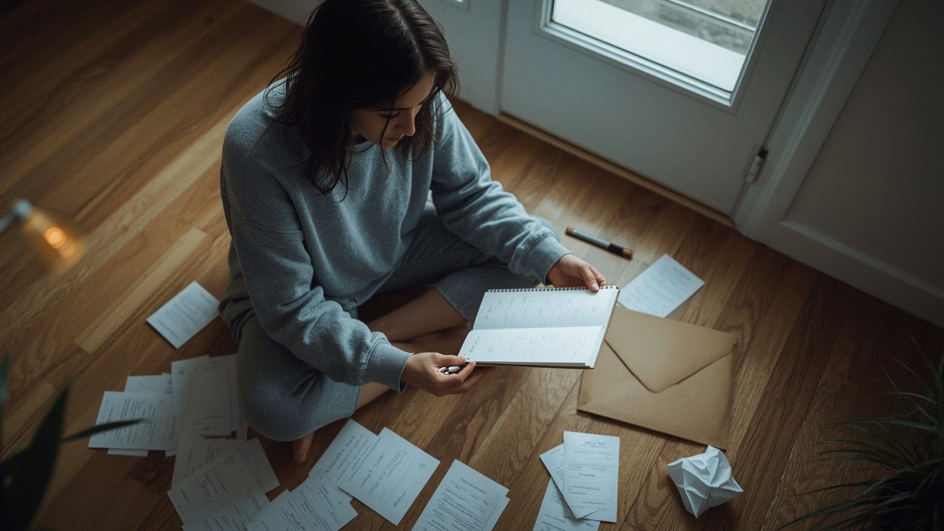 Small business owner sorting mixed personal and business receipts on floor during tax prep