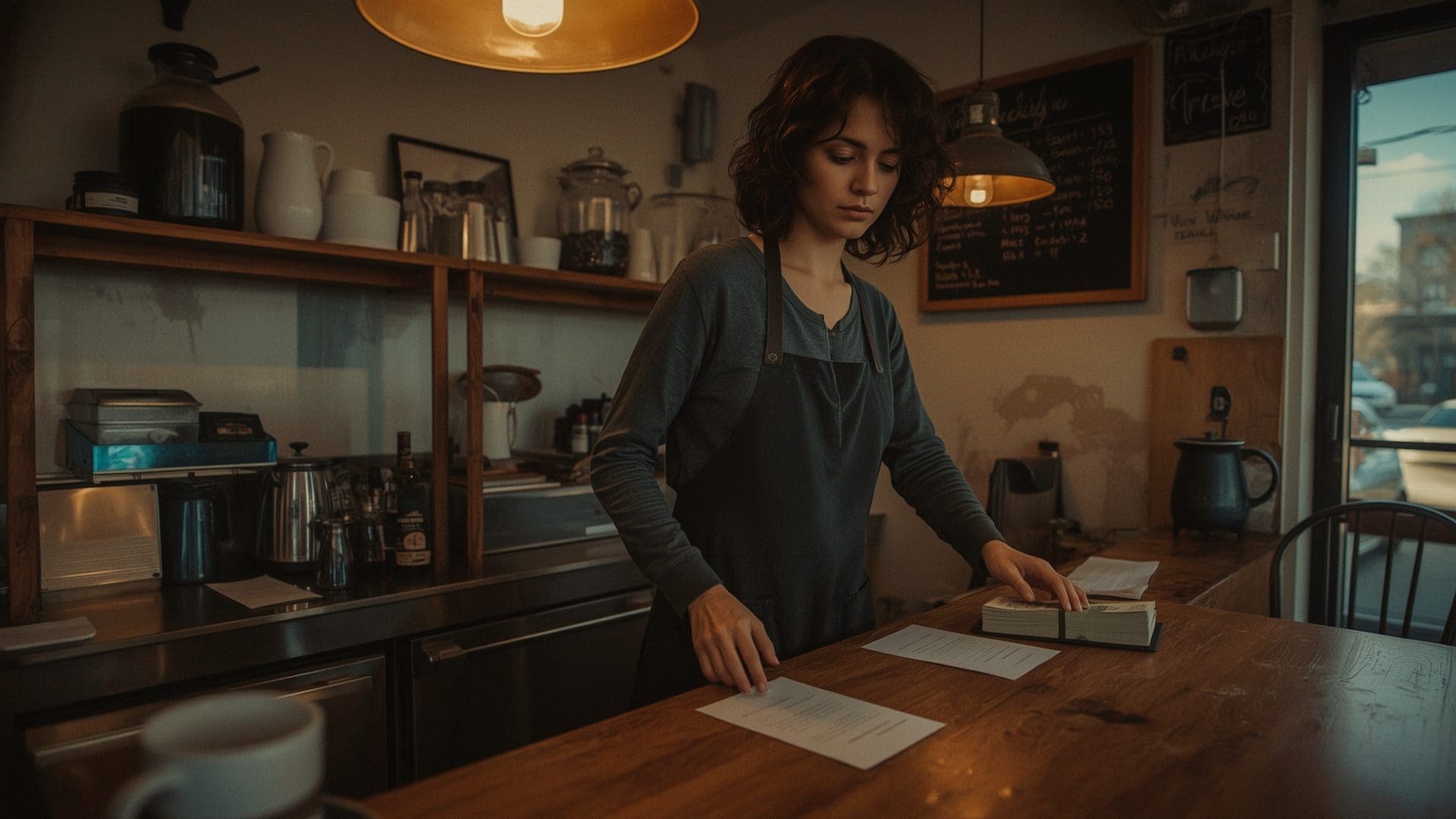 Small cafe owner counting cash and preparing bank deposit at worn counter