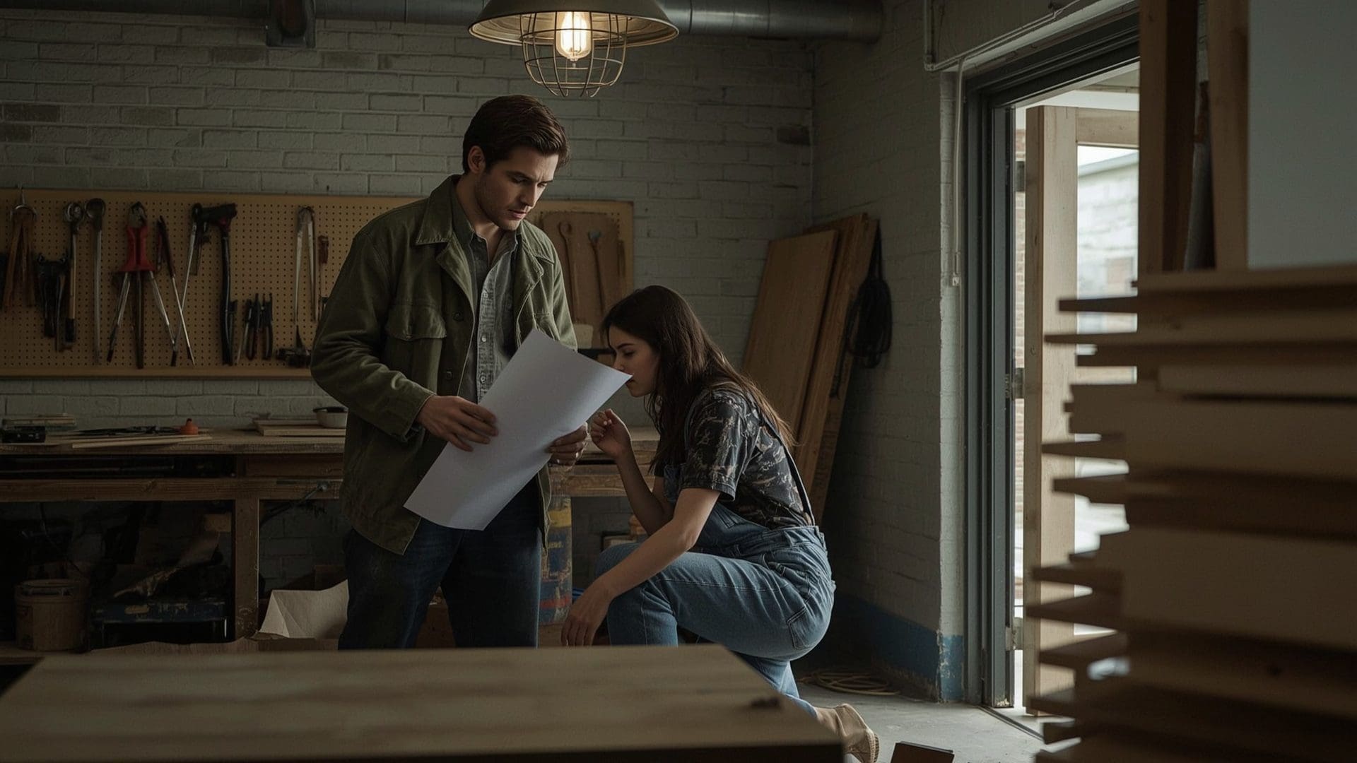 Workshop contractor and business owner reviewing work agreement in industrial space
